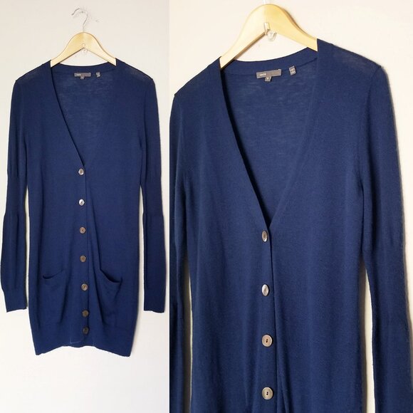 Vince 100% Cashmere V Neck Longline Cardigan S Lightweight Blue Button Pockets - Picture 2 of 16